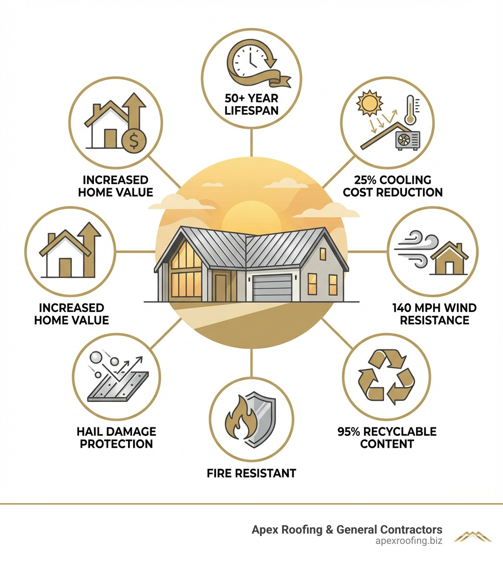 infographic showing metal roofing benefits: 50+ year lifespan, 25% cooling cost reduction, 140 mph wind resistance, 95% recyclable content, fire resistant, hail damage protection, and increased home value - metal roofing contractor in san antonio infographic infographic showing metal roofing benefits: 50+ year lifespan, 25% cooling cost reduction, 140 mph wind resistance, 95% recyclable content, fire resistant, hail damage protection, and increased home value - metal roofing contractor in san antonio infographic