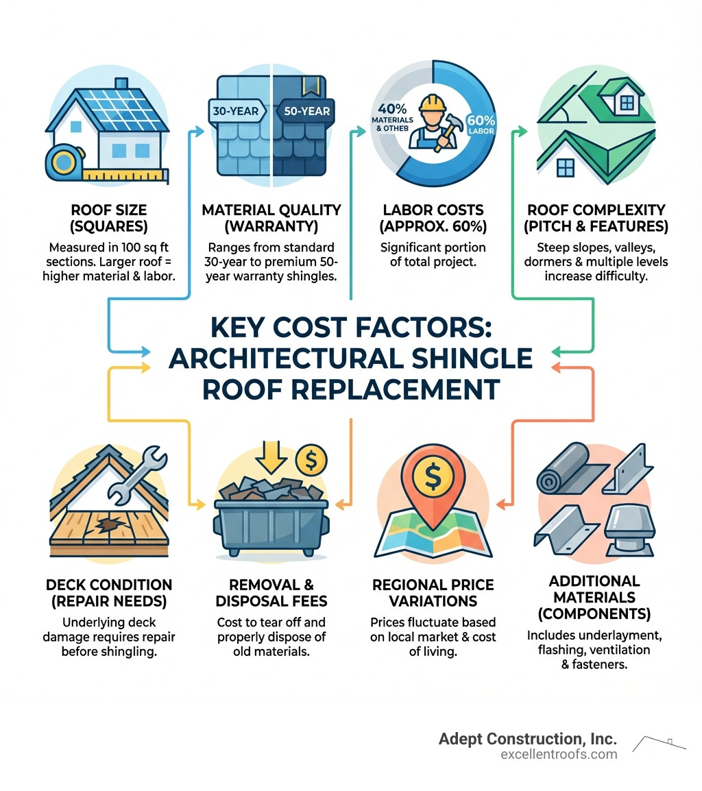 Infographic showing the key cost factors for architectural shingle roof replacement: roof size measured in squares, material quality ranging from 30-year to 50-year warranty shingles, labor costs at 60% of total project, roof complexity including pitch and features like valleys and dormers, underlying deck condition and potential repair needs, removal and disposal fees for old materials, regional price variations based on location, and additional materials like underlayment, flashing, and ventilation - cost to replace roof architectural shingles infographic 