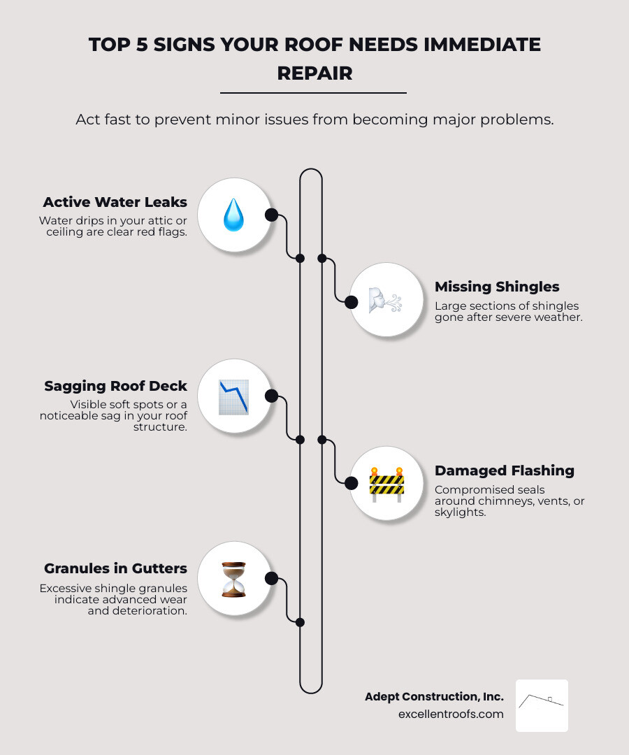 Infographic showing the top 5 signs your roof needs immediate repair: active water leaks in attic or ceiling, large sections of missing shingles after storms, visible sagging or soft spots in the roof deck, damaged or missing flashing around chimneys and vents, and granules accumulating in gutters indicating shingle deterioration - residential roofing repair contractors infographic infographic-line-5-steps-elegant_beige Infographic showing the top 5 signs your roof needs immediate repair: active water leaks in attic or ceiling, large sections of missing shingles after storms, visible sagging or soft spots in the roof deck, damaged or missing flashing around chimneys and vents, and granules accumulating in gutters indicating shingle deterioration - residential roofing repair contractors infographic infographic-line-5-steps-elegant_beige