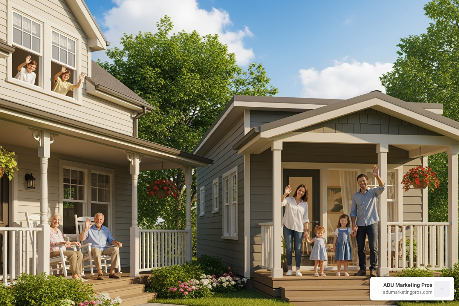 A happy multi-generational family waves from the porches of their main house and an adjacent granny flat, symbolizing family connection and independent living. - granny flat