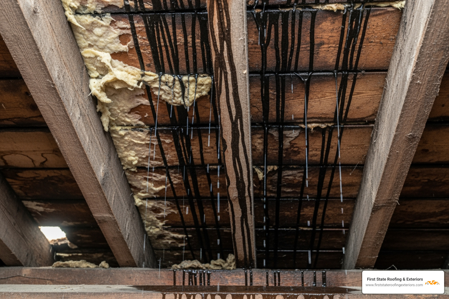 dark water trails on attic rafters - roof leak repair