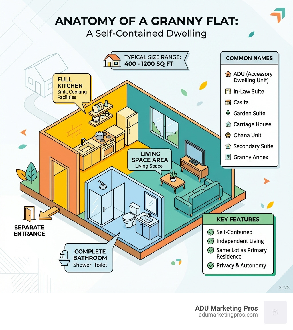 Infographic showing the anatomy of a granny flat with labeled components including separate entrance, full kitchen with sink and cooking facilities, complete bathroom with shower and toilet, living space area, and the various common names (ADU, in-law suite, casita, garden suite, carriage house, ohana unit, secondary suite, granny annex). The infographic also displays typical size range of 400-1200 square feet and key features that distinguish it as a self-contained dwelling unit on the same lot as a primary residence. - granny flat infographic 