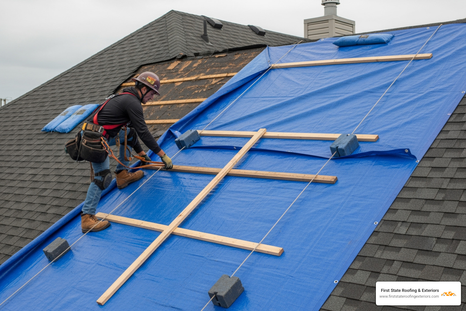 a heavy-duty tarp properly secured over a roof section by a roofer wearing a safety harness - roof leak repair