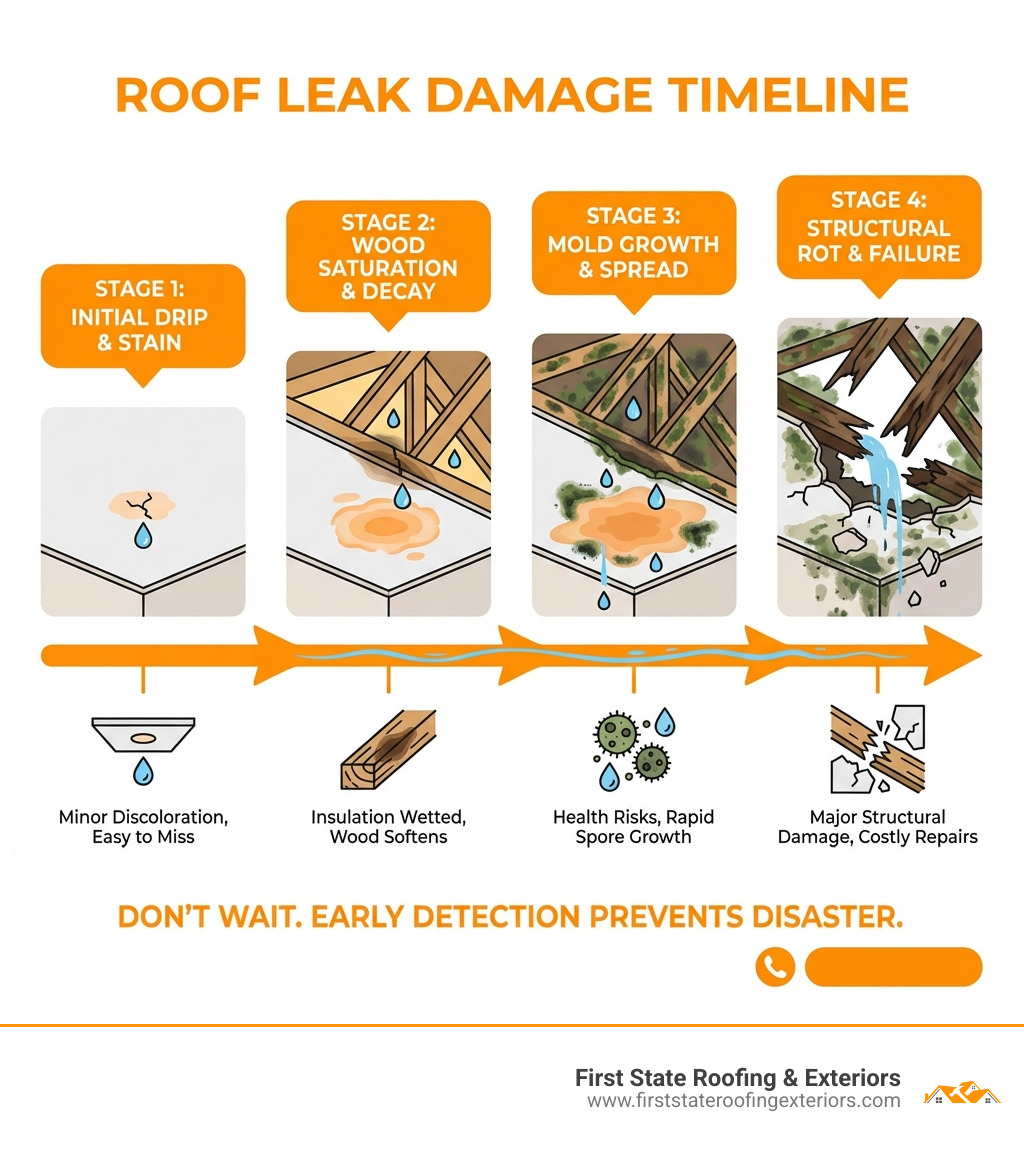 infographic showing the timeline of roof leak damage: from a small water stain to structural rot and mold infestation - roof leak repair infographic 