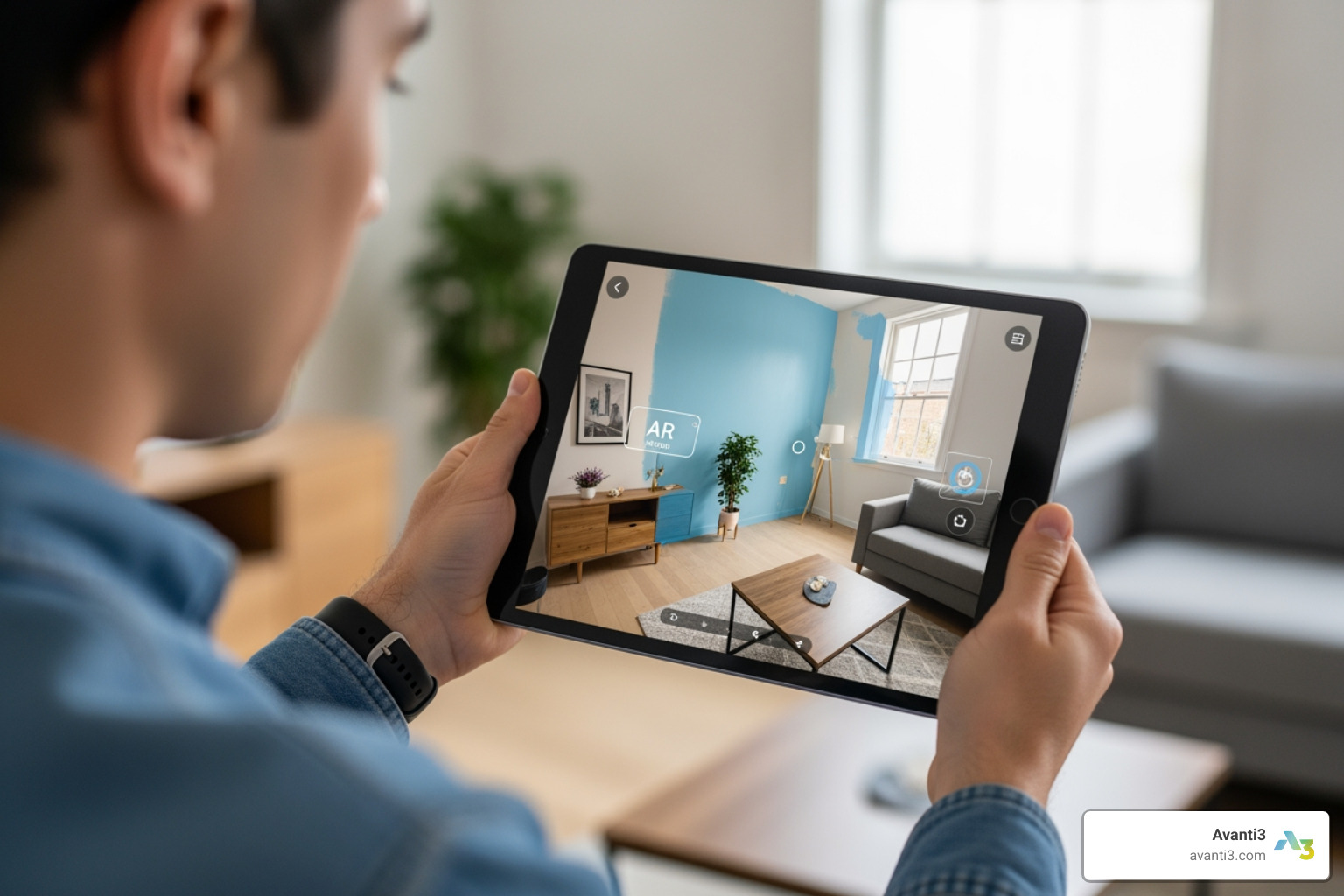 person using tablet with AR app to visualize new wall color - 360 painting
