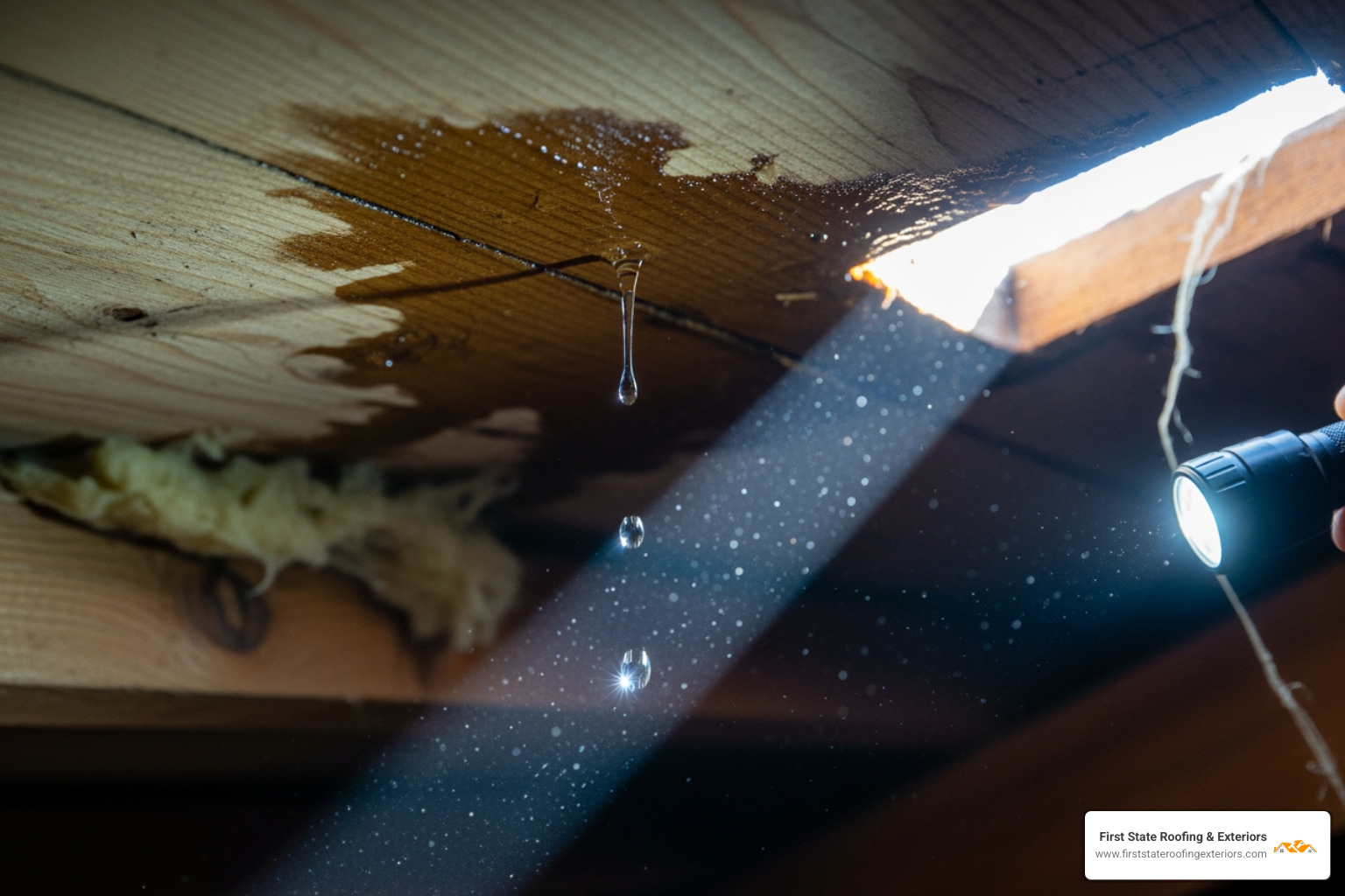 A homeowner safely inspecting an attic with a flashlight - roof leak detection