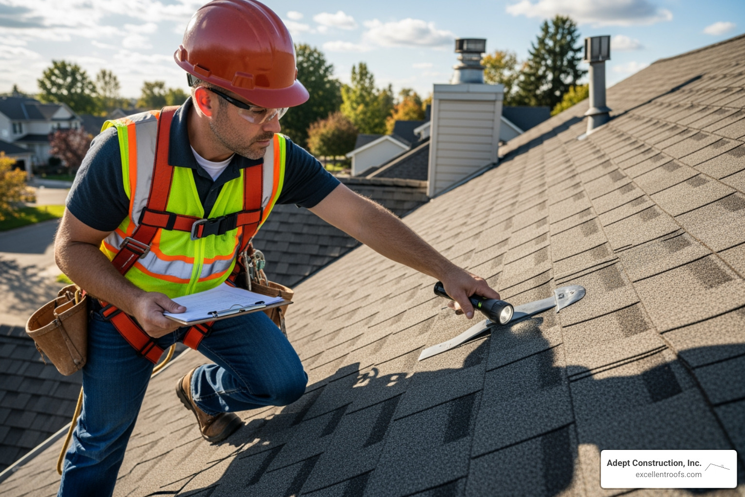 roofing professional conducting a detailed roof inspection - emergency roof repair Naperville