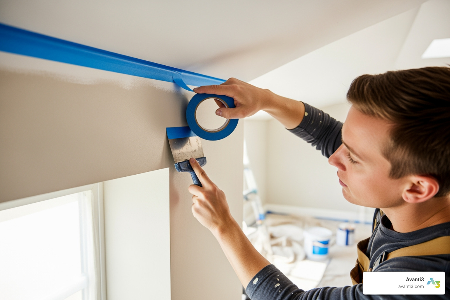 painter carefully taping edges before painting - 360 painting