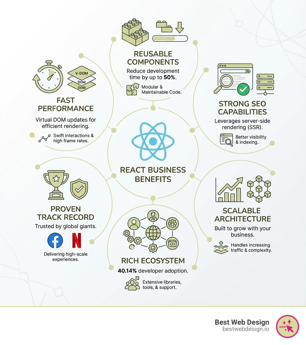 Infographic showing React's key benefits for business websites: Fast Performance through Virtual DOM updates, Reusable Components reducing development time by up to 50%, Strong SEO capabilities with server-side rendering, Scalable Architecture for growing businesses, Rich Ecosystem with 40.14% developer adoption, and Proven Track Record with companies like Facebook and Netflix - react website development infographic 