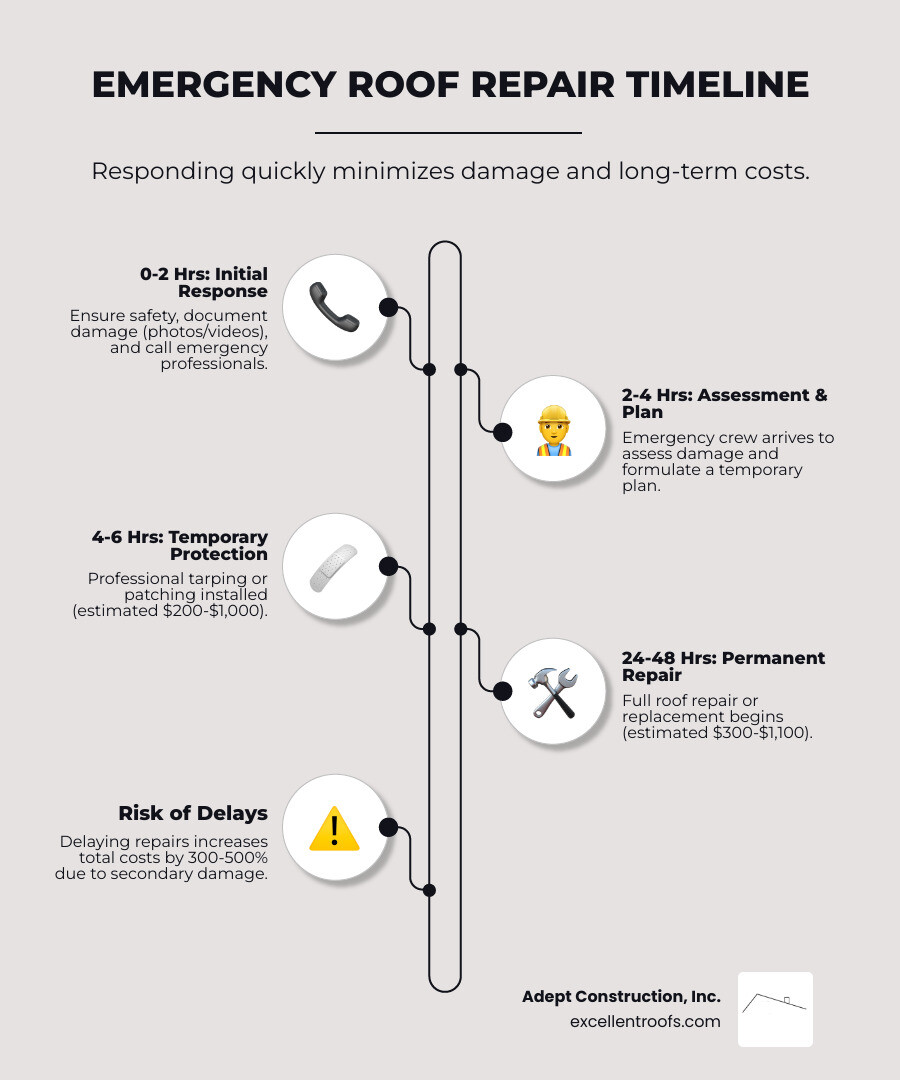 infographic showing emergency roof repair timeline: 0-2 hours - document damage and call professionals; 2-4 hours - emergency crew arrives for assessment; 4-6 hours - temporary protection installed; 24-48 hours - permanent repair begins; includes cost ranges for temporary repairs $200-$1000 and permanent repairs $300-$1100, with warning that delays increase costs by 300-500% - emergency roof repair Naperville infographic infographic-line-5-steps-elegant_beige