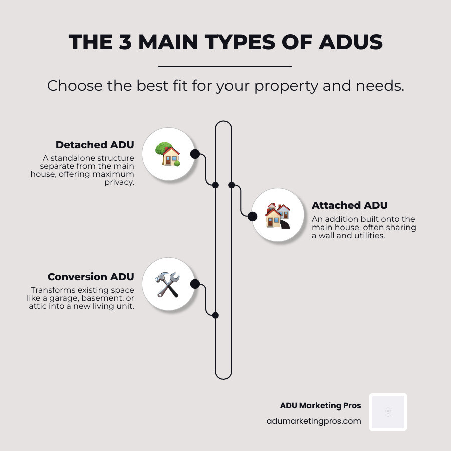 Infographic showing three types of ADUs: Detached ADU as a standalone backyard cottage with its own entrance and utilities, Attached ADU as an addition sharing a wall with the main house, and Conversion ADU transforming existing space like a garage or basement into living quarters - accessory dwelling unit contractor infographic infographic-line-3-steps-elegant_beige