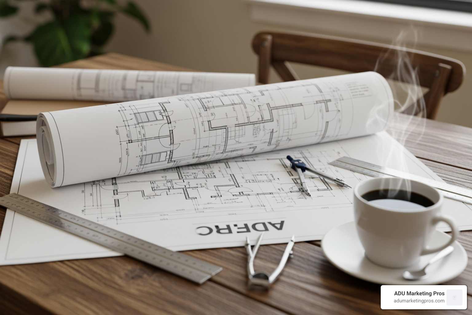 Detailed architectural blueprint for an ADU project laid out on a wooden table, with measuring tools and a cup of coffee. - accessory dwelling unit contractor