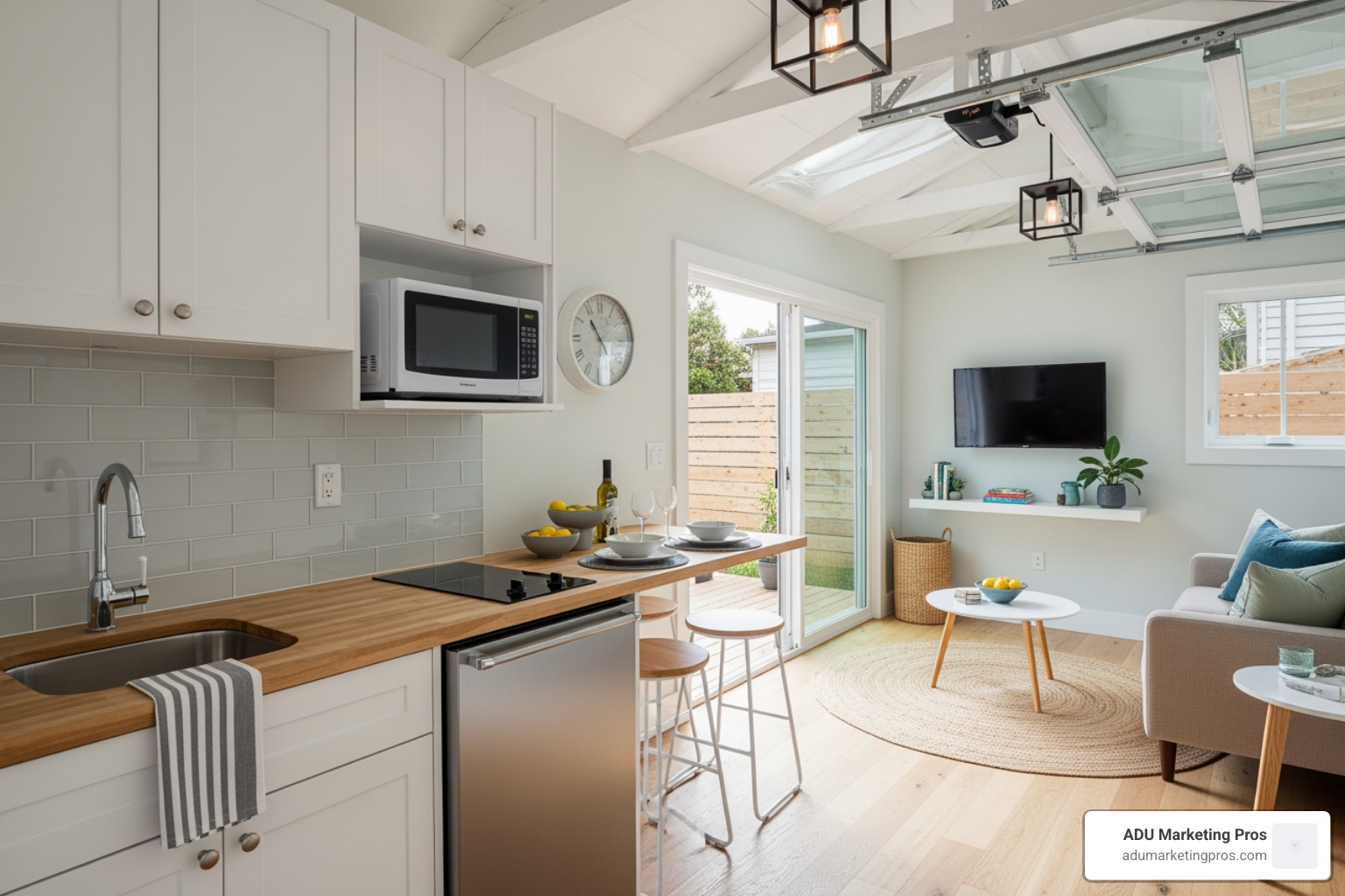 Stylish and functional interior of a garage conversion ADU, featuring a compact kitchen and cozy living area. - accessory dwelling unit contractor