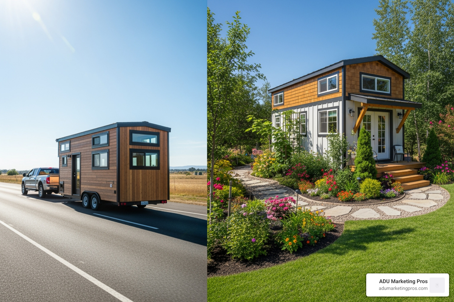 tiny home on wheels being towed down a highway, contrasted with an image of a tiny home on a permanent foundation in a garden - Tiny homes for sale