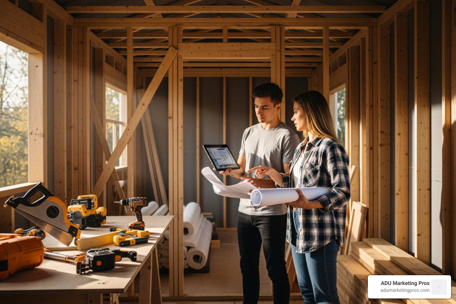 couple looking at blueprints or a tablet inside a partially built tiny home - Tiny homes for sale