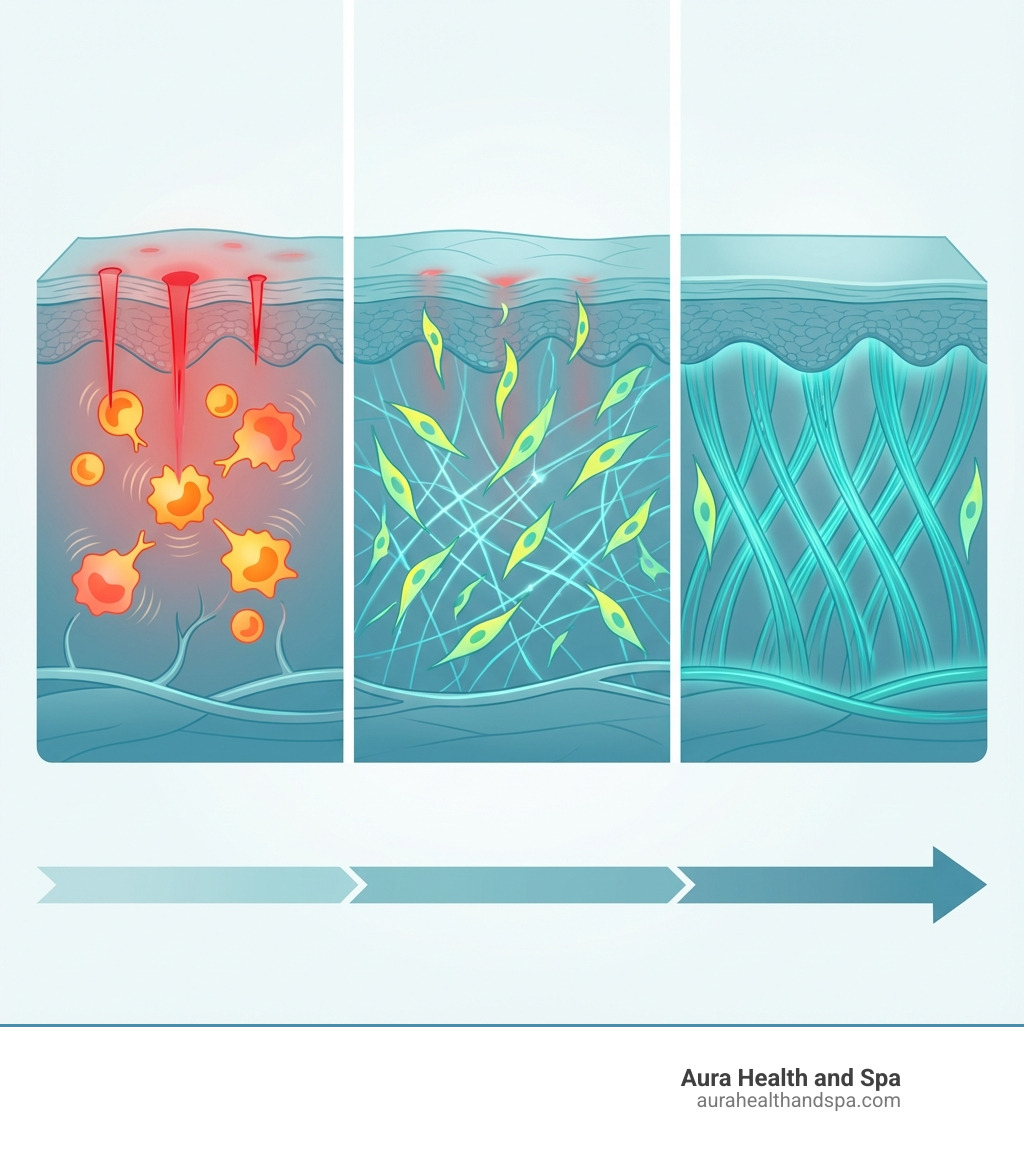 Detailed infographic showing the three phases of clinical microneedling wound healing: Phase 1 Inflammation (immediate to 3 days, showing micro-injuries and immune response), Phase 2 Proliferation (3 days to 3 weeks, showing fibroblast activity and collagen deposition), and Phase 3 Remodeling (3 weeks to 6+ months, showing collagen reorganization and skin tightening), with visual representations of skin layers and cellular activity at each stage - clinical microneedling infographic 