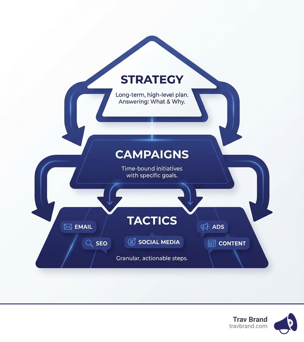 Infographic showing the hierarchy of digital marketing: Strategy at the top as a long-term high-level plan answering what and why, Campaigns in the middle as time-bound initiatives with specific goals, and Tactics at the bottom as granular actionable steps, with arrows showing how they connect and flow together - digital marketing & strategy infographic 
