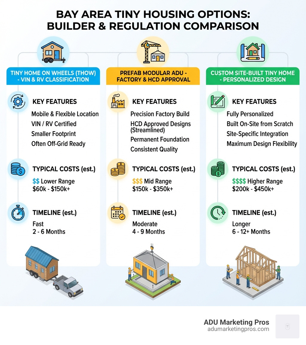 infographic comparing tiny home on wheels with VIN and RV classification, prefab modular ADU with factory construction and HCD approval, and custom site-built tiny home with personalized design, showing key features, typical costs, and timeline for each option - tiny house builders bay area infographic 
