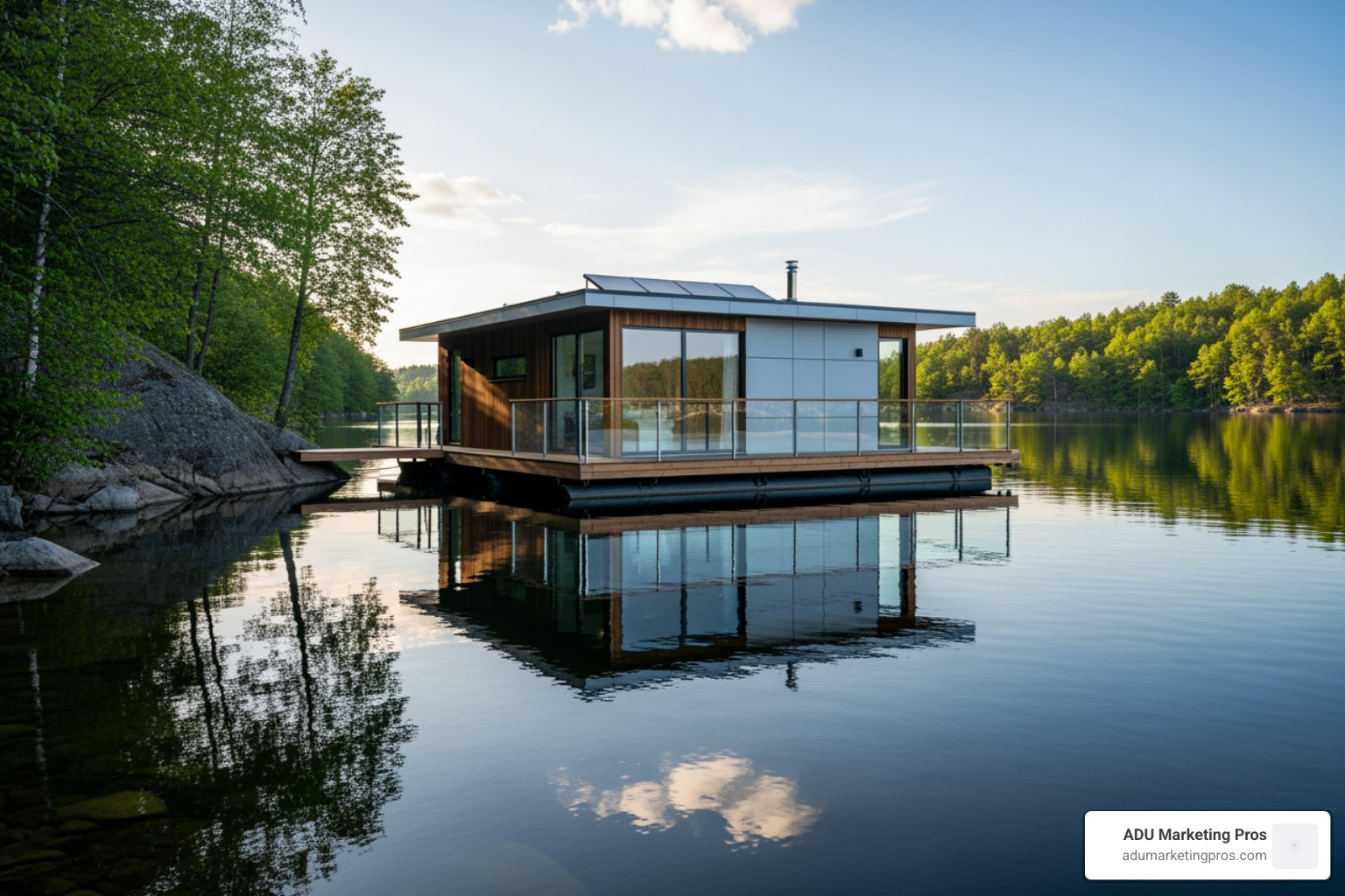 A modern floating small home on a calm lake, reflecting the sky and surrounding nature. - Building small homes