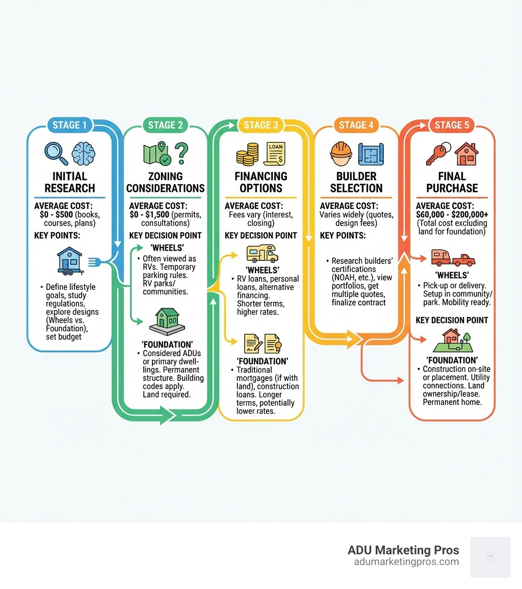 infographic showing tiny home buyer's journey from initial research through zoning considerations, financing options, builder selection, and final purchase, with average costs at each stage and key decision points for wheels versus foundation homes - Tiny homes for sale infographic 