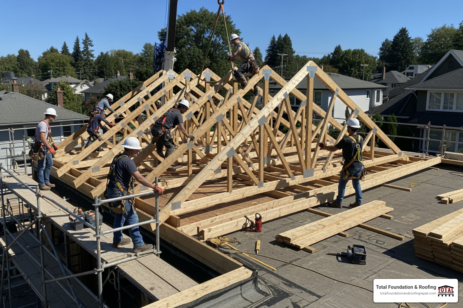 A roof conversion in progress, showing new trusses being installed over an existing flat roof structure - changing a flat roof to a pitched roof