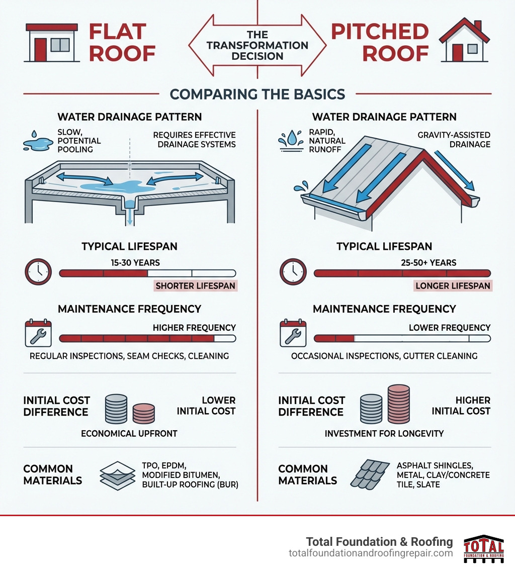 Infographic showing flat roof vs pitched roof comparison including water drainage patterns, typical lifespan statistics (15-30 years for flat vs 25-50+ years for pitched), maintenance frequency requirements, initial cost differences, and common materials used for each roof type - changing a flat roof to a pitched roof infographic 