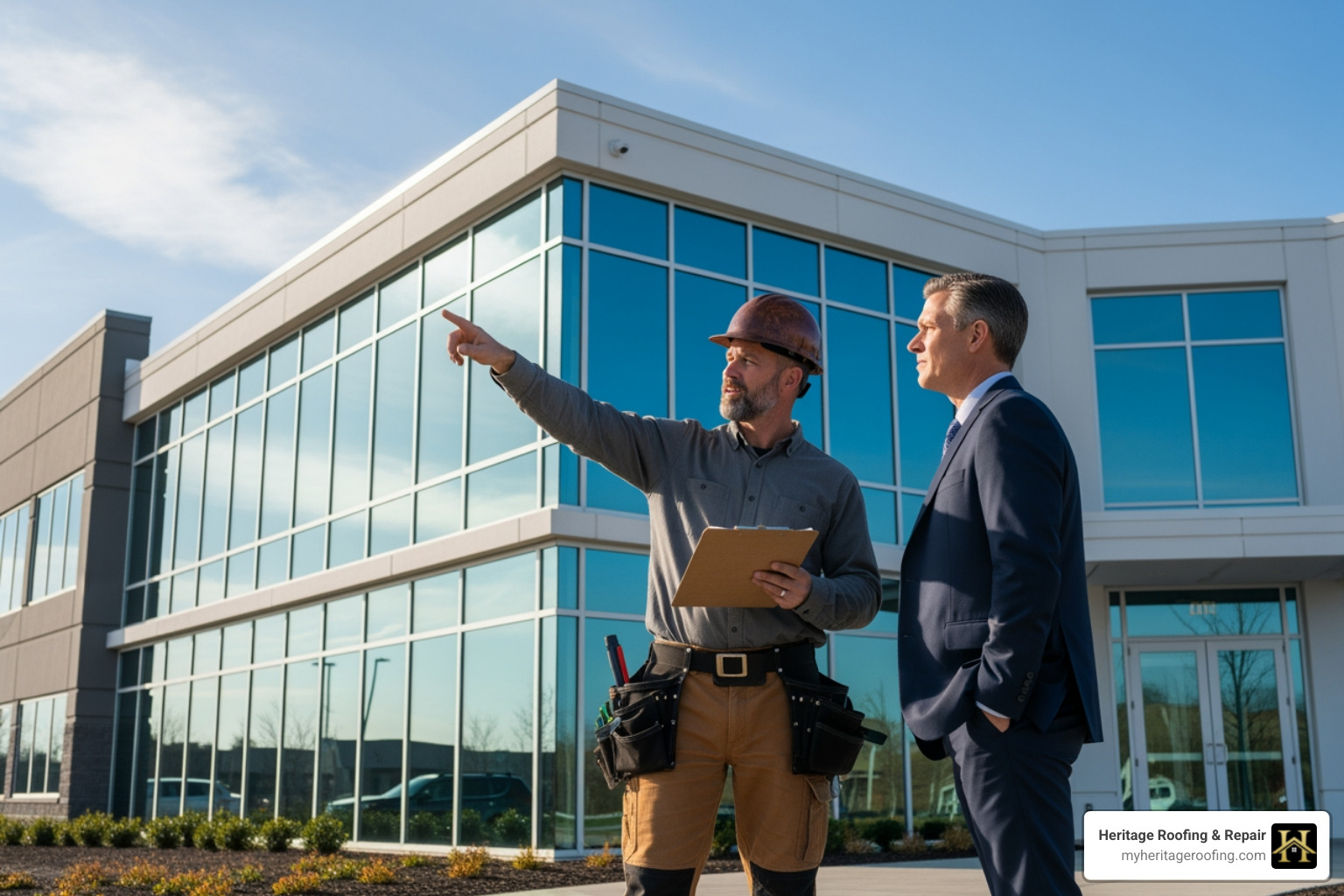 professional roofer providing a consultation to a commercial building owner - commercial roofing conway