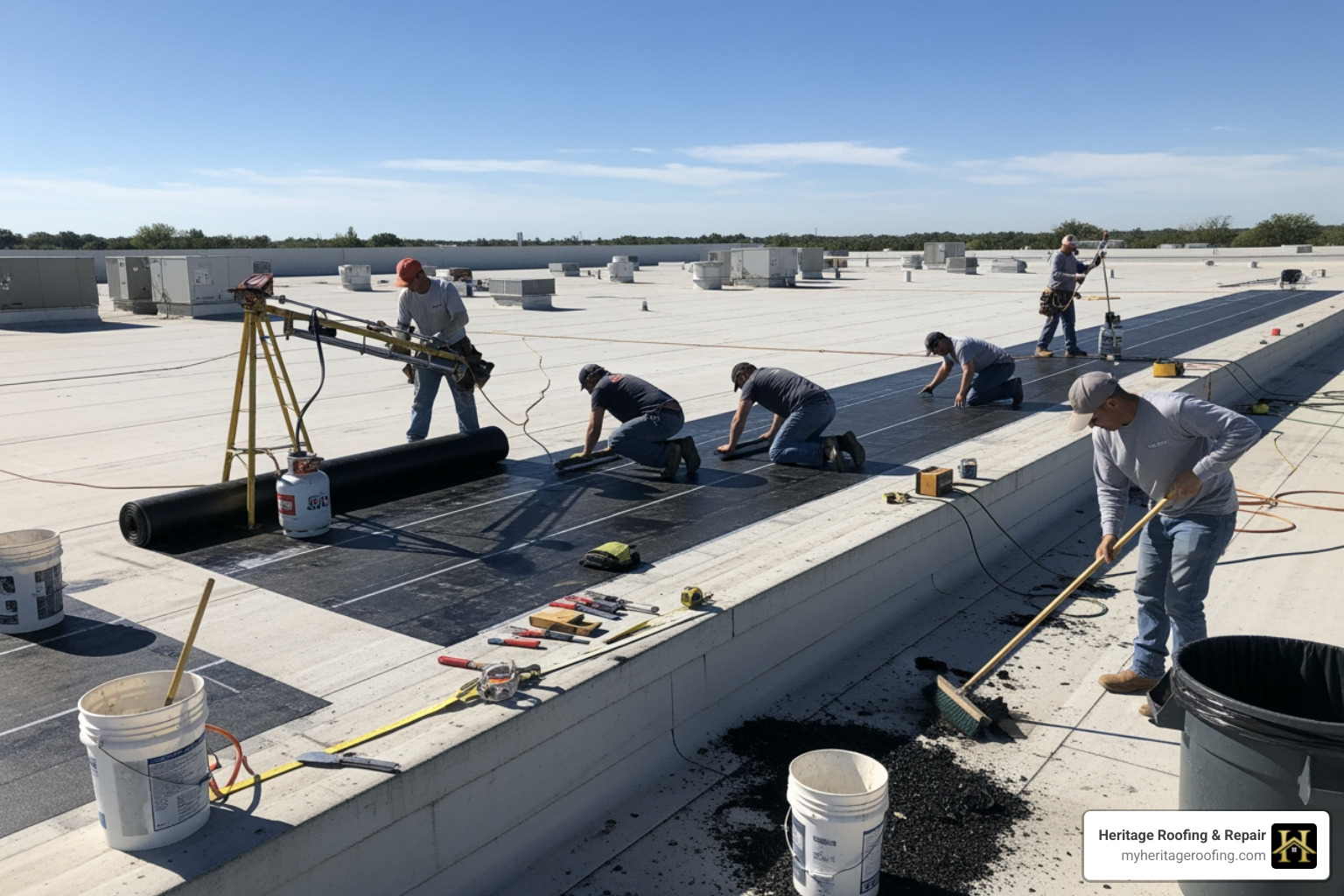 professional roofing crew working on a large commercial flat roof - commercial roofing conway