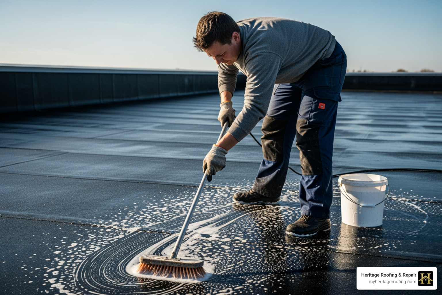 Image of a person scrubbing a section of an EPDM roof - EPDM roof repair