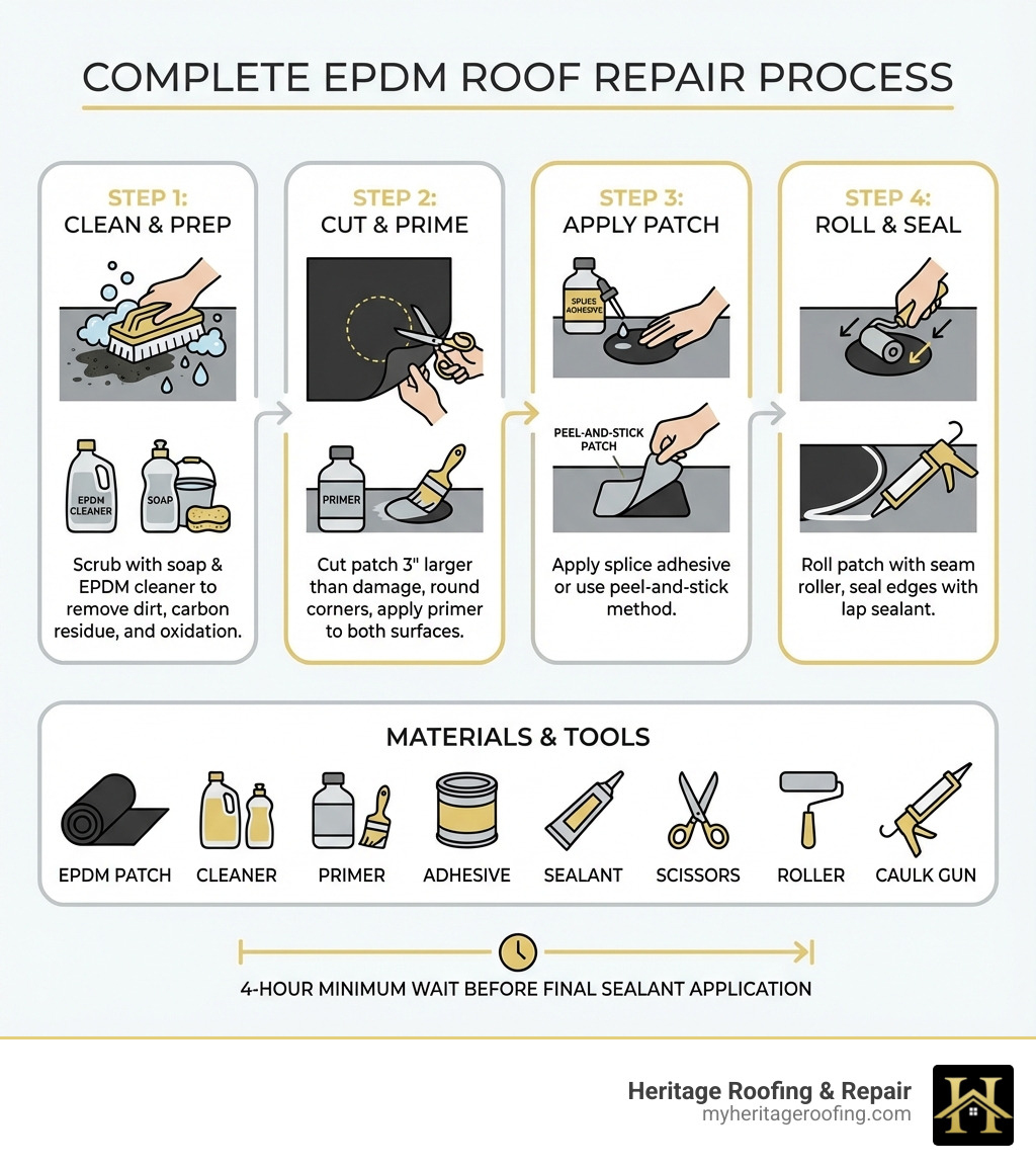 Infographic showing the complete EPDM roof repair process: Step 1 shows scrubbing and cleaning the damaged area with soap and EPDM cleaner; Step 2 displays cutting a patch 3 inches larger than damage with rounded corners and applying primer; Step 3 illustrates applying splice adhesive or using peel-and-stick method; Step 4 shows rolling the patch with a seam roller and sealing edges with lap sealant. Icons indicate required materials including EPDM patch, cleaner, primer, adhesive, and sealant, plus tools like scissors, roller, and caulk gun. Timeline shows 4-hour minimum wait before final sealant application. - EPDM roof repair infographic 