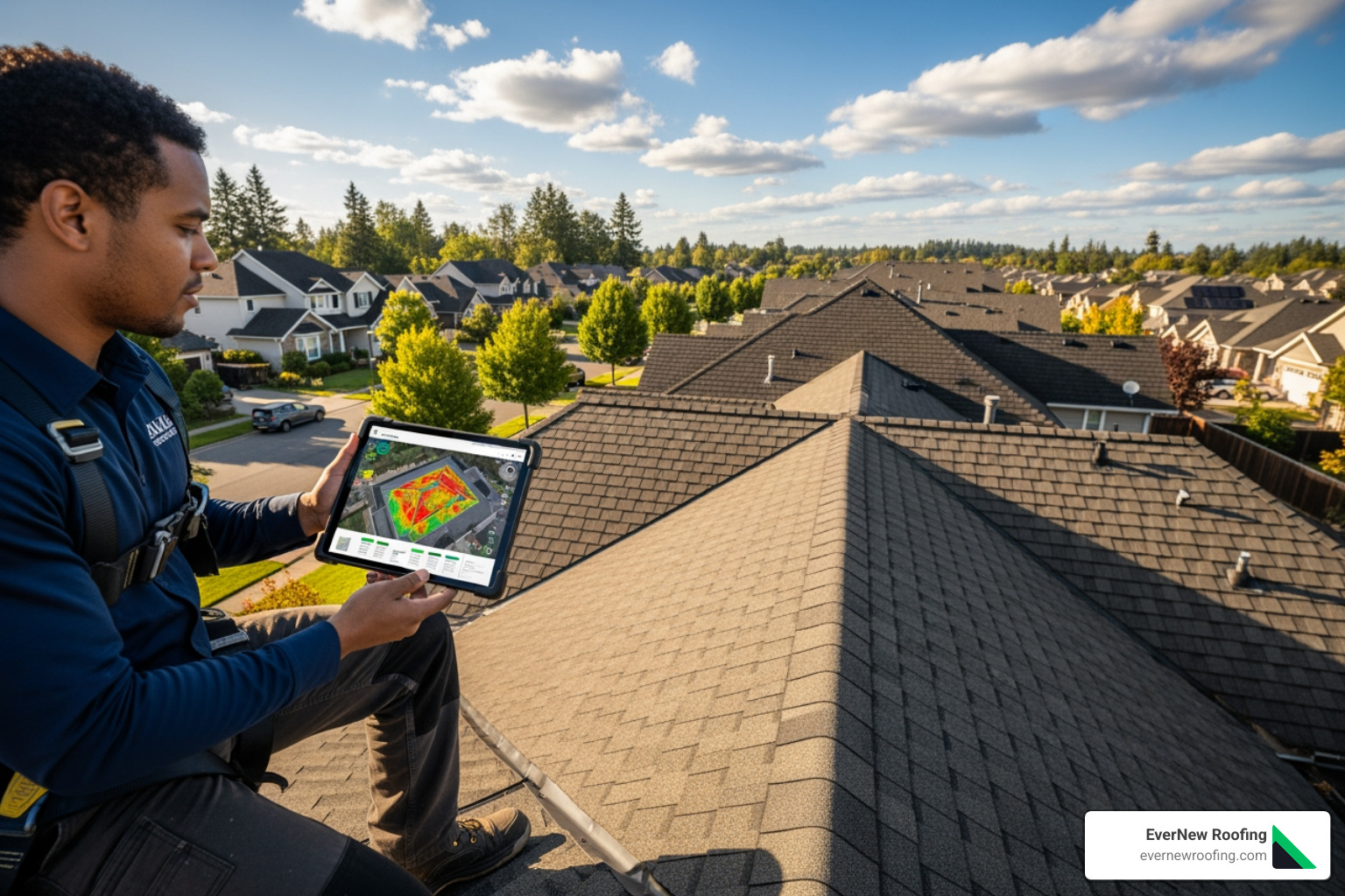 A roofing professional inspecting a roof with a tablet, highlighting modern assessment techniques - roof restoration Macomb County