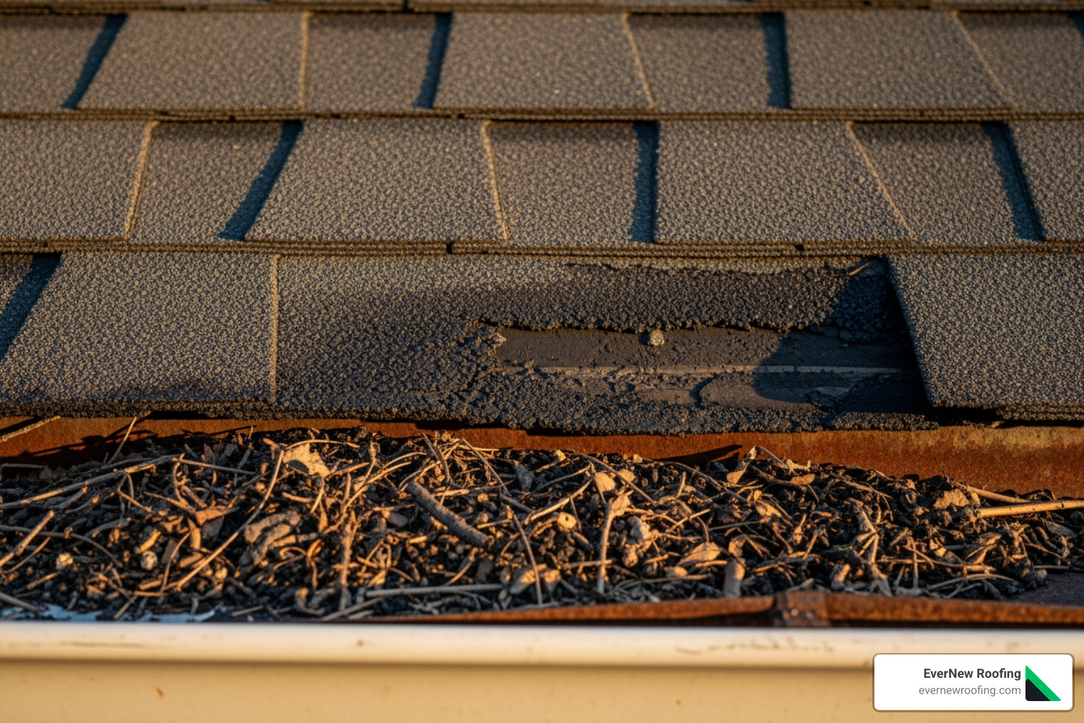 Close-up of curling asphalt shingles and granules accumulating in a gutter, indicating roof wear and tear - roof restoration Macomb County