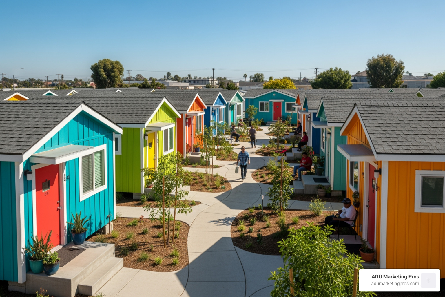 of the Arroyo Seco Tiny Home Village, showing the colorful units and community layout - los angeles tiny homes of the Arroyo Seco Tiny Home Village, showing the colorful units and community layout - los angeles tiny homes