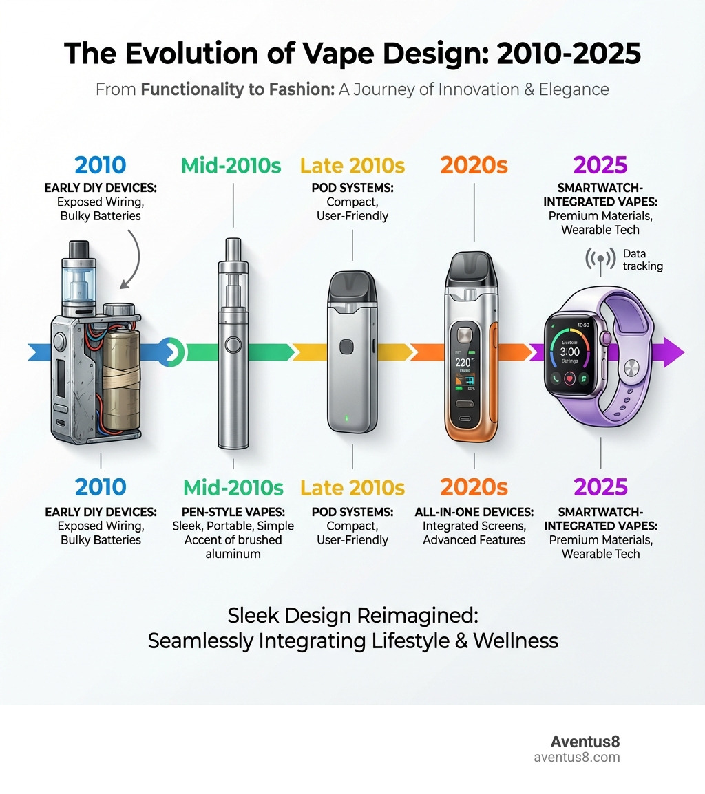 infographic showing the evolution of vape design from 2010 to 2025, highlighting key milestones: early DIY devices with exposed wiring and bulky batteries, mid-2010s pen-style vapes, late 2010s pod systems, 2020s all-in-one devices with screens, and 2025 smartwatch-integrated vapes with premium materials and finishes - Sleek vape design infographic infographic showing the evolution of vape design from 2010 to 2025, highlighting key milestones: early DIY devices with exposed wiring and bulky batteries, mid-2010s pen-style vapes, late 2010s pod systems, 2020s all-in-one devices with screens, and 2025 smartwatch-integrated vapes with premium materials and finishes - Sleek vape design infographic