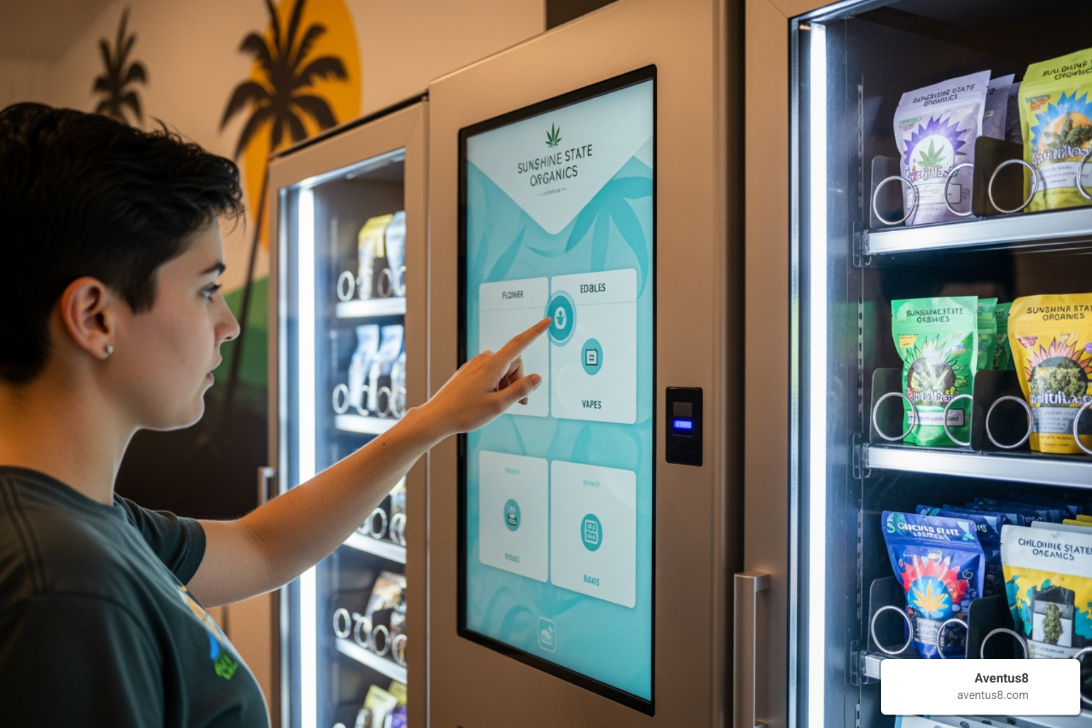 a customer using a touchscreen on a cannabis vending machine in a Hollywood, FL dispensary - weed in vending machines
