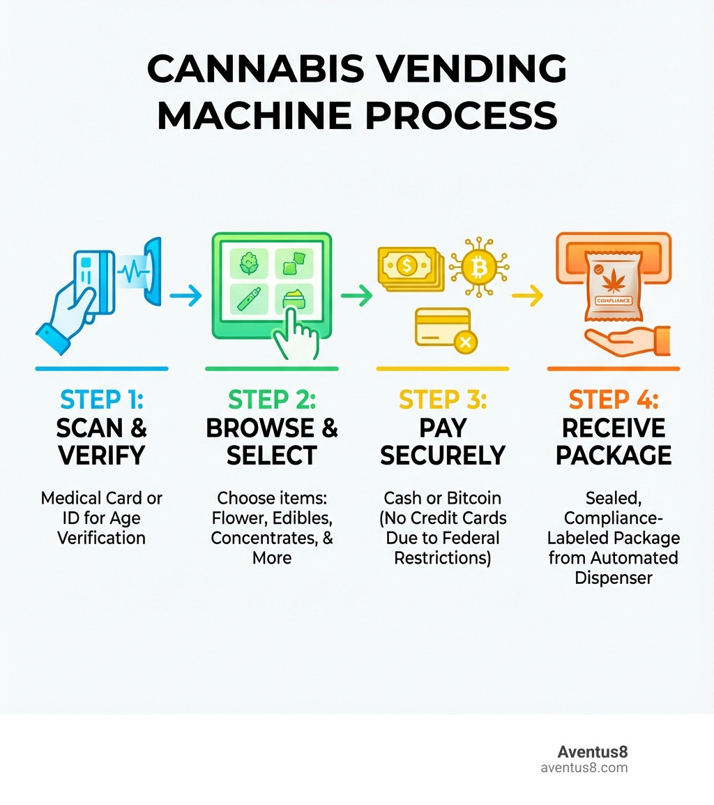Infographic showing the cannabis vending machine process: Step 1 - Scan your medical marijuana card or ID for age verification, Step 2 - Browse products on the touchscreen and select your items from flower, edibles, concentrates, and more, Step 3 - Pay securely with cash or bitcoin (no credit cards due to federal restrictions), Step 4 - Receive your sealed, compliance-labeled package from the automated dispenser - weed in vending machines infographic 