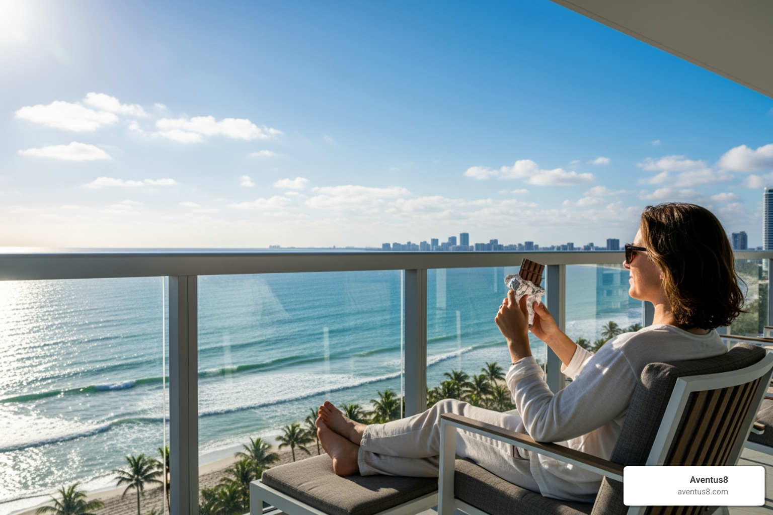person relaxing on a balcony overlooking the ocean in Hollywood, FL with a piece of THC chocolate - chocolate and weed