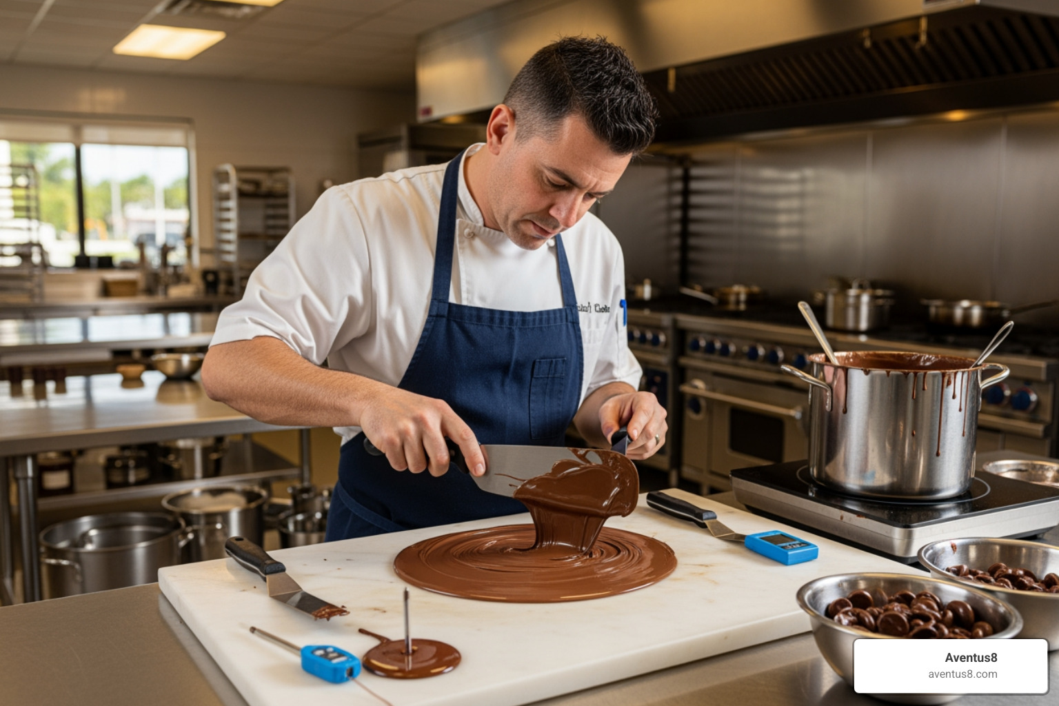 chocolatier tempering chocolate in a professional kitchen in Hollywood, FL - chocolate and weed