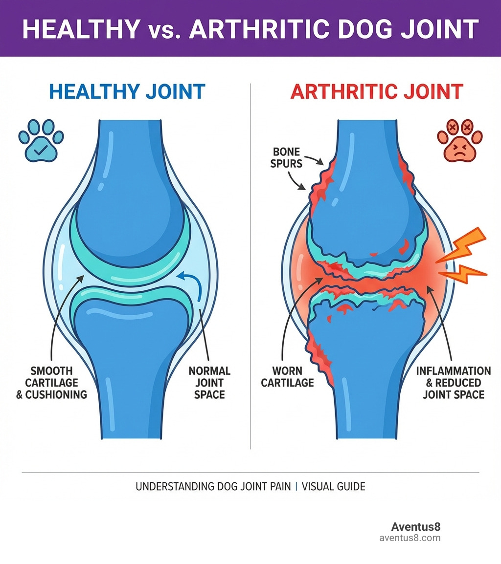 infographic showing comparison between healthy dog joint with smooth cartilage and cushioning versus arthritic joint with worn cartilage, bone spurs, inflammation, and reduced joint space, with labels for key anatomical features - Dog joint pain infographic 