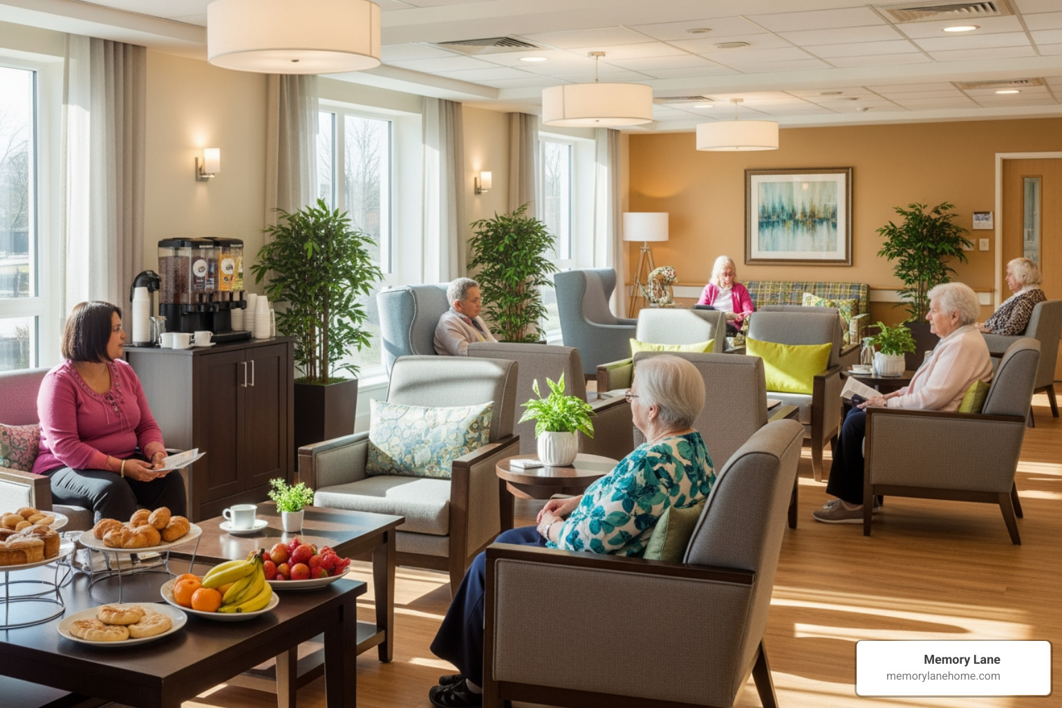 bright and welcoming common area in a care facility - Alzheimer's residential care