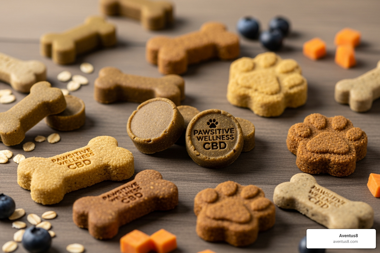 various types of CBD pet treats like soft chews and crunchy biscuits - Best CBD pet treats