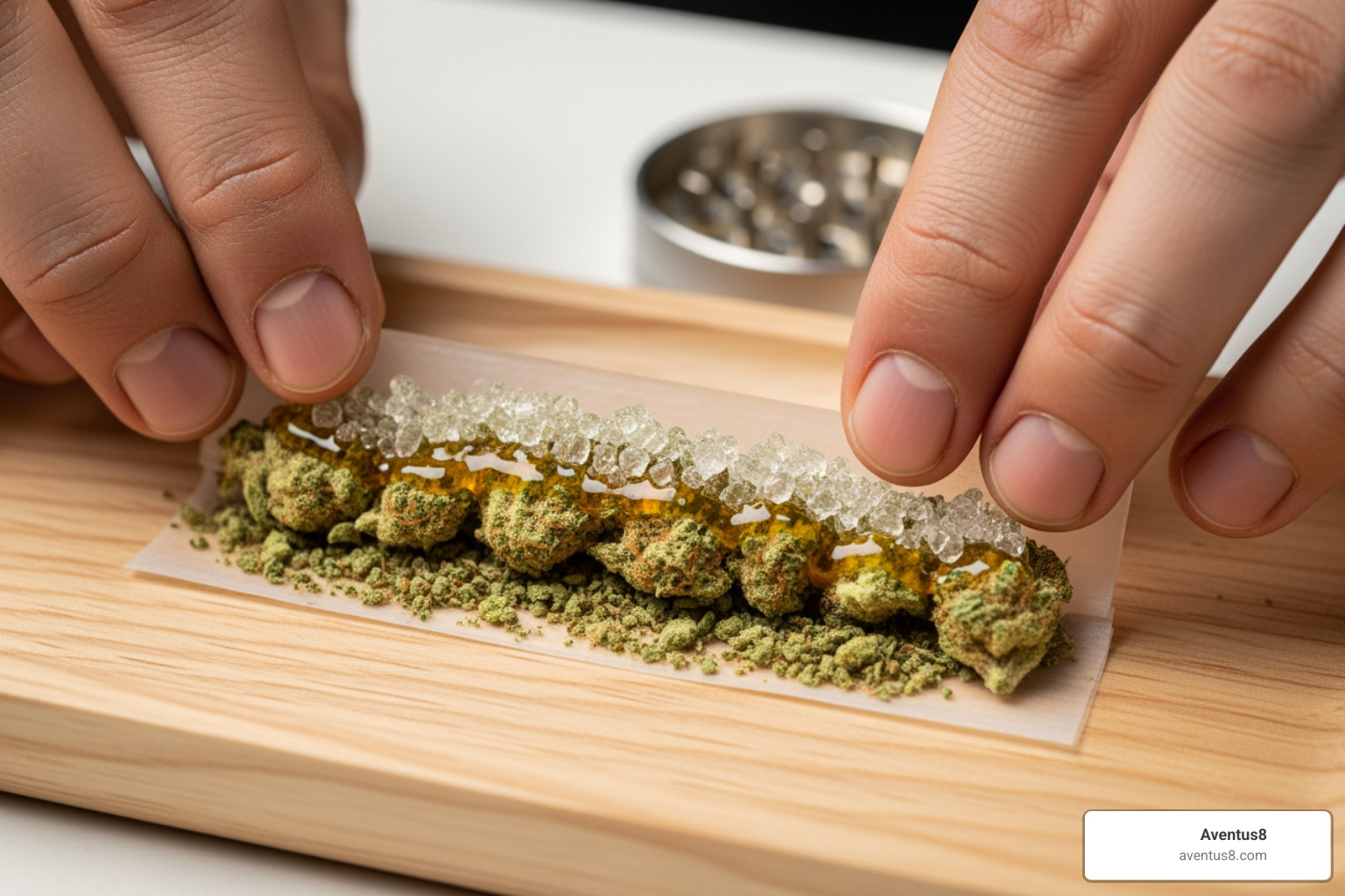 Image showing the process of rolling an infused blunt - blunt with oil and thc crystal