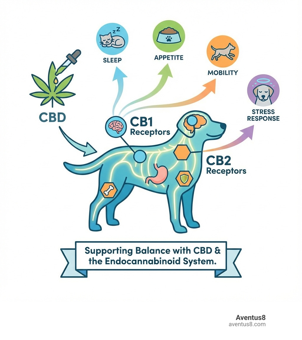infographic showing how CBD interacts with a pet's endocannabinoid system, including receptors CB1 and CB2 in the brain, joints, immune system, and digestive tract, with arrows showing CBD supporting balance in sleep, appetite, mobility, and stress response - Best CBD pet treats infographic 