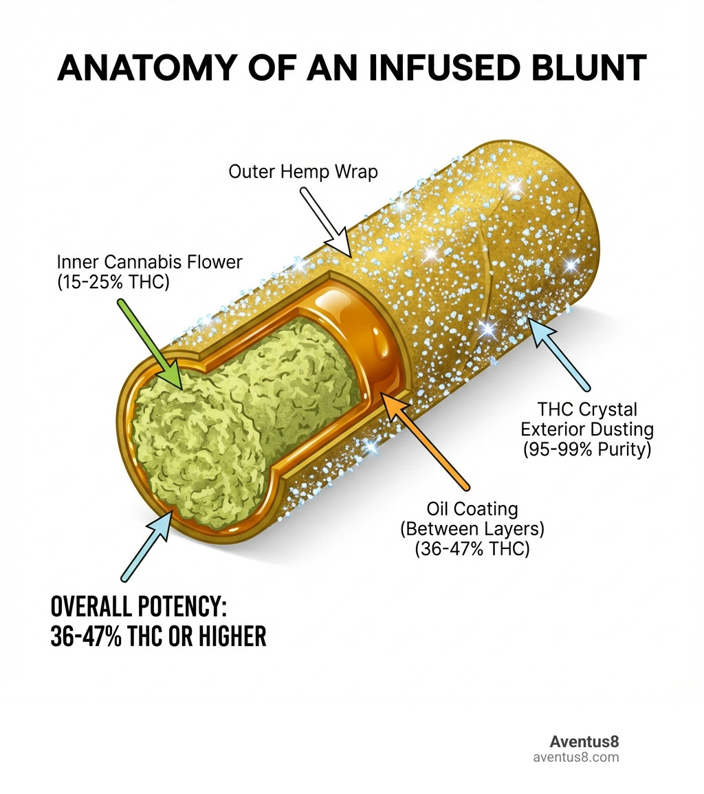 Infographic showing the anatomy of an infused blunt with labeled layers: outer hemp wrap, inner cannabis flower, oil coating between layers, and THC crystal exterior dusting, with potency percentages for each component - blunt with oil and thc crystal infographic 