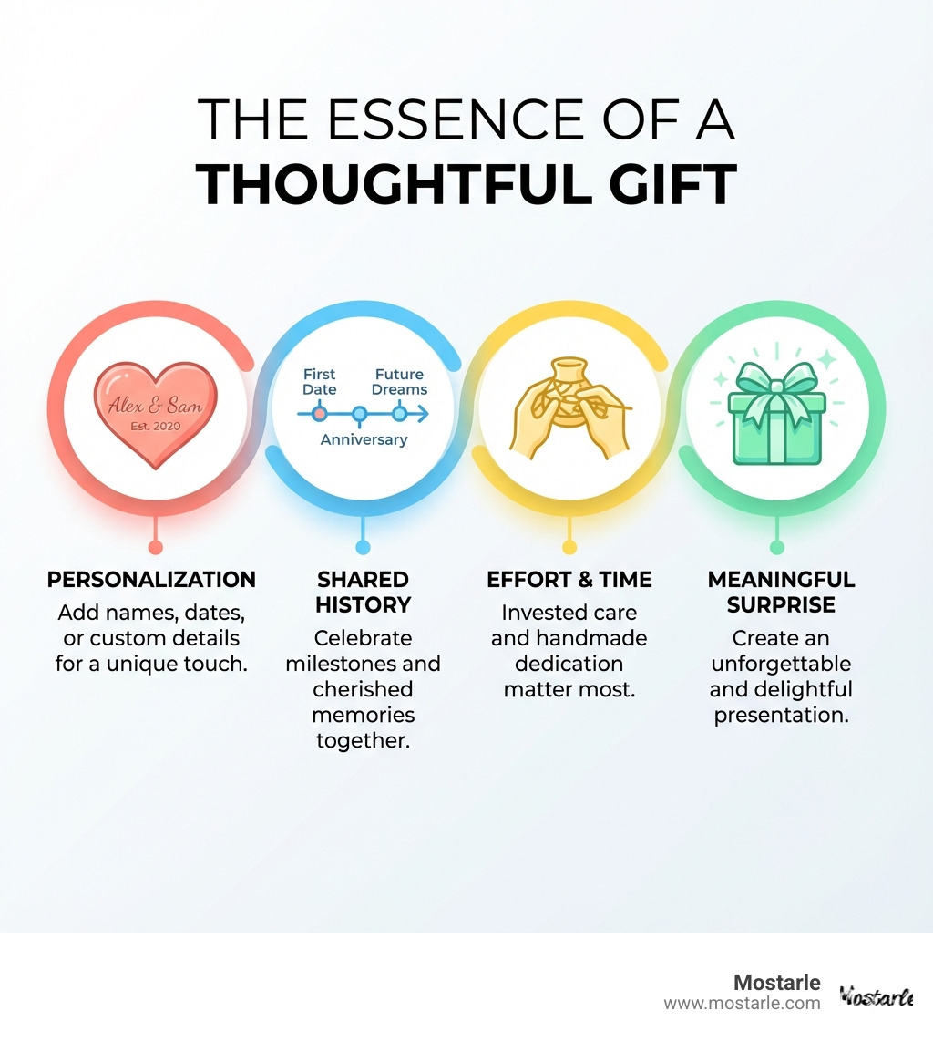 infographic showing four key elements of thoughtful gifts: a heart icon for personalization with names and dates, a timeline icon for shared history and milestones, hands crafting for effort and time invested, and a wrapped gift for meaningful surprise and presentation - thoughtful anniversary gifts infographic 