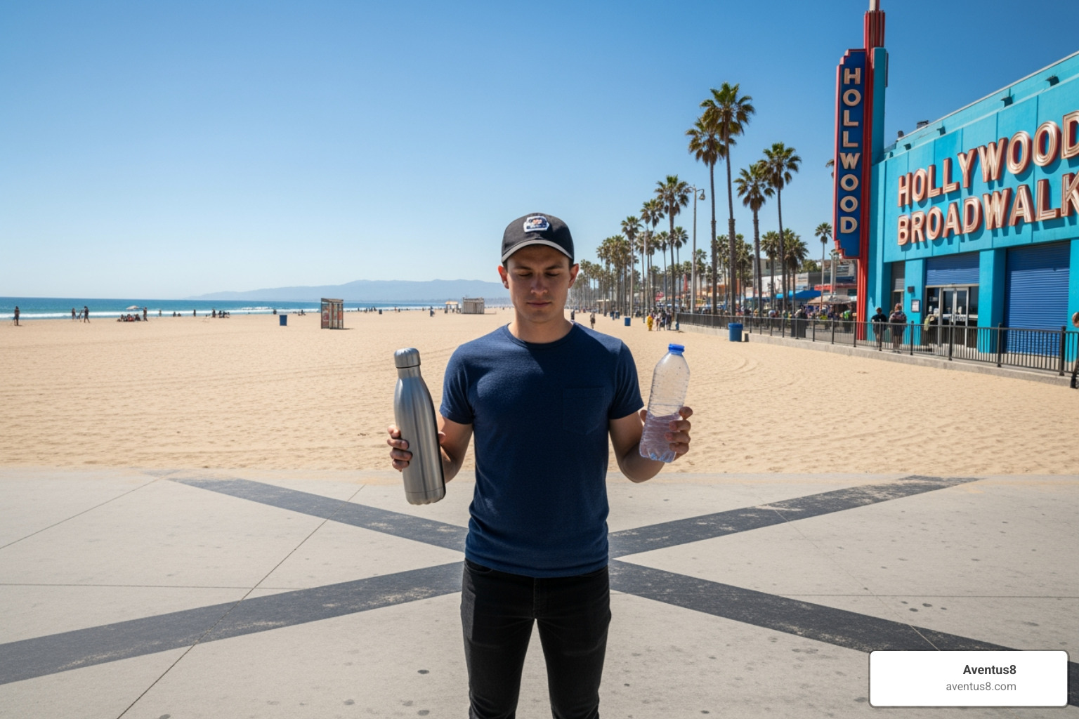 a person choosing between a reusable water bottle and a plastic one on the Hollywood Broadwalk - disposable