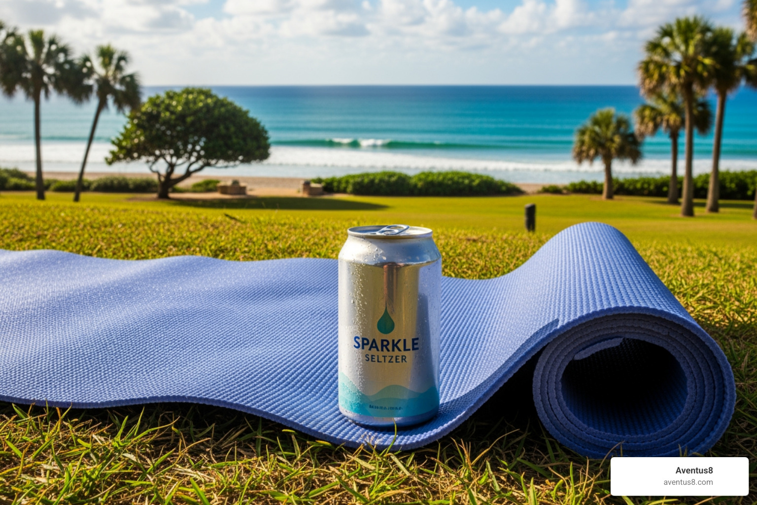 seltzer can next to a yoga mat with an ocean view at ArtsPark at Young Circle - cannabis seltzer brands