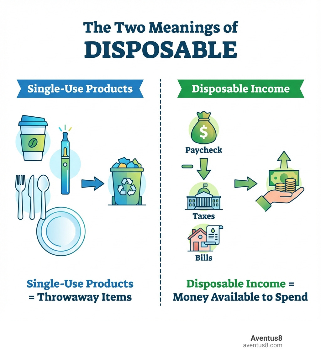 Infographic showing two sides: Left side displays common disposable products (coffee cup, vape pen, plastic utensils, paper plate) with "Single-Use Products = Throwaway Items" label. Right side shows a paycheck minus taxes and bills equals money in hand, with "Disposable Income = Money Available to Spend" label. Center text reads "The Two Meanings of DISPOSABLE" - disposable infographic 
