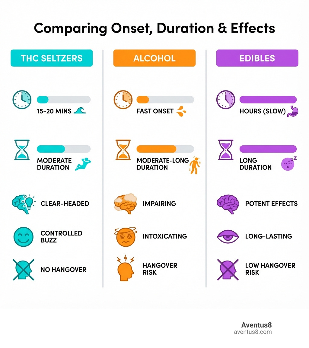 infographic comparing THC seltzers onset time duration and effects versus alcohol and edibles - cannabis seltzer brands infographic 