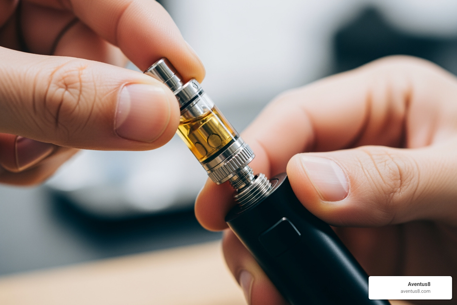 person attaching vape cartridge to 510-thread battery - cartridge